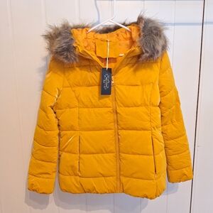 NWT Bellivera Womens Yellow Puffer Jacket Faux Fur Hood Water Resistant Size M